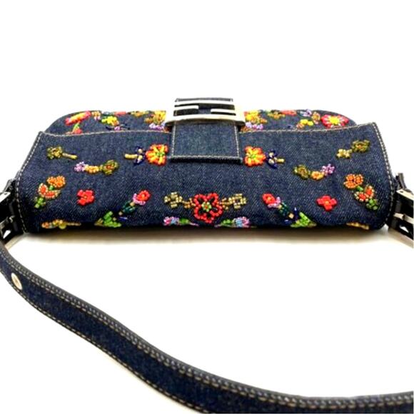 Authentic FENDI FF Denim Ricami Beaded Baguette Floral Blue Abstract Flap Purse - Picture 5 of 14